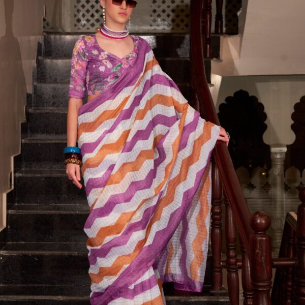Purple & Orange Wavy Print Linen Cotton Saree