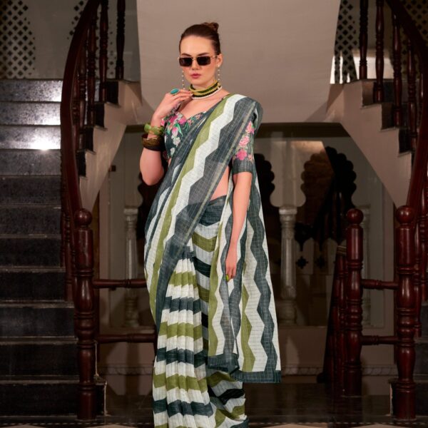 Green & White Wavy Print Linen Cotton Saree