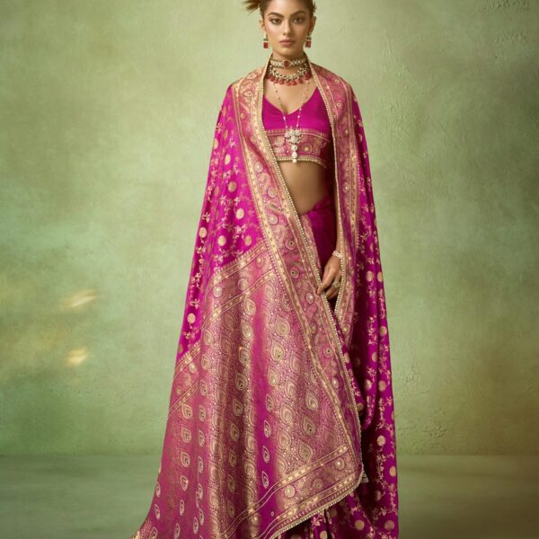 Pink Banarasi Saree in Satin Katan with Heavy Zircon & Lace Border