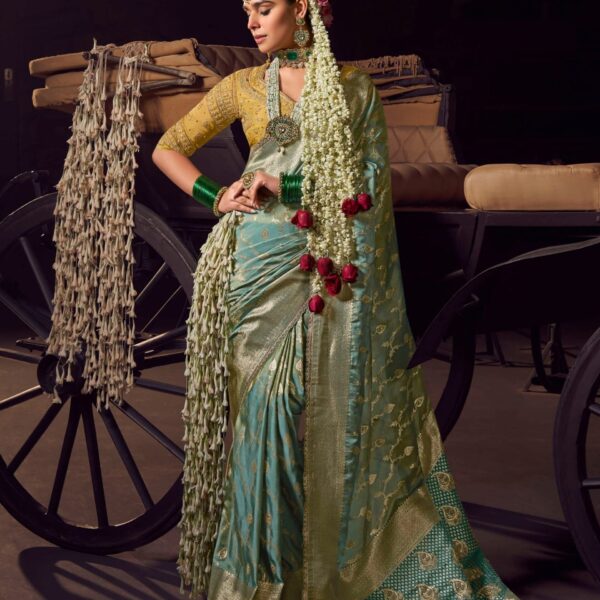 Mint Green Banarasi Saree with Mustard Embroidered Blouse
