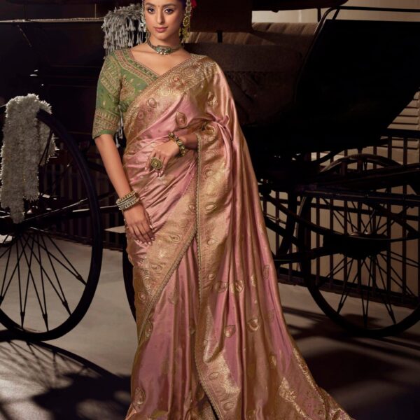 Dusty Rose Banarasi Saree with Green Embroidered Blouse