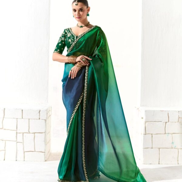 Green Ombre Organza Tissue Saree with Embroidered Border