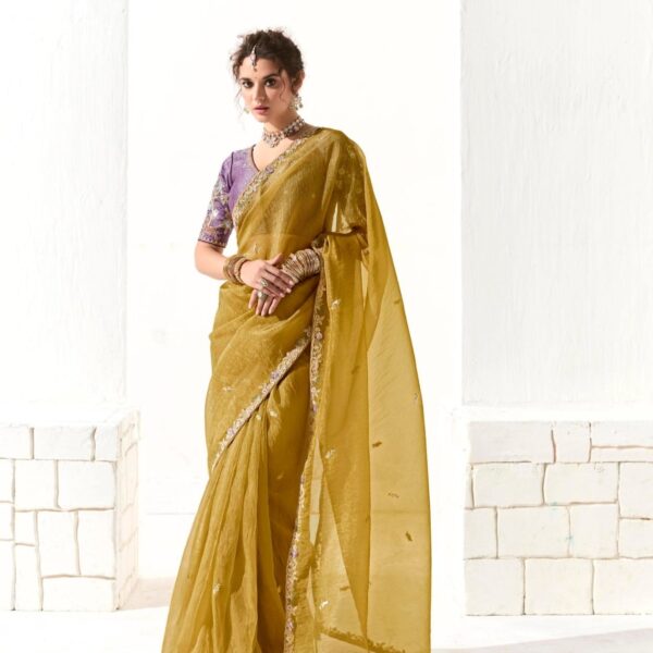 Mustard Yellow Organza Tissue Saree with Heavy Border Work