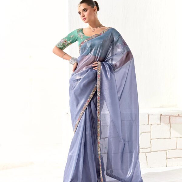 Powder Blue Organza Tissue Saree with Embroidered Border