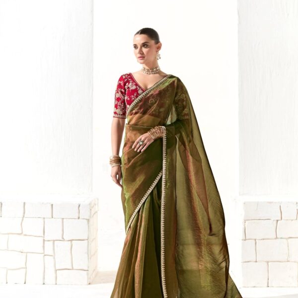 Olive Green Organza Tissue Saree with Embroidered Border