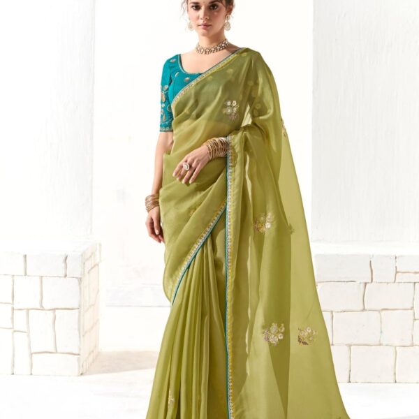 Lime Green Organza Tissue Saree with Embroidered Border