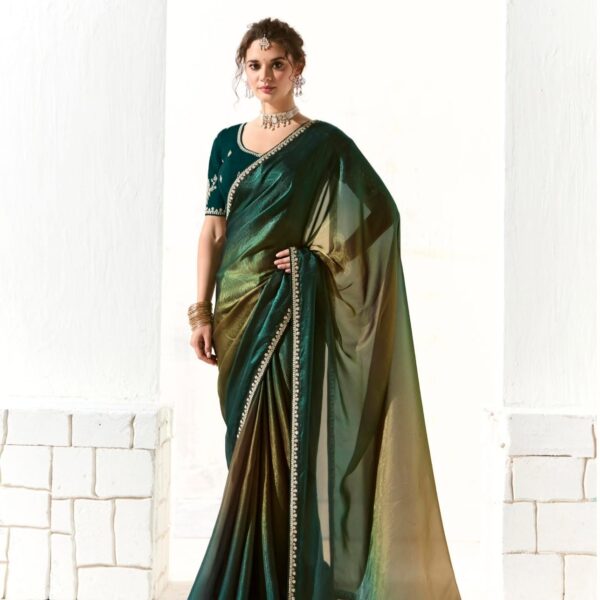 Teal Green Organza Tissue Saree with Embroidered Border