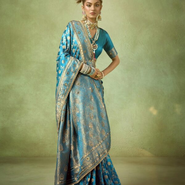 Royal Blue Banarasi Saree in Satin Katan with Zircon & Lace Border