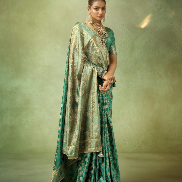 Teal Green Banarasi Saree in Satin Katan with Zircon & Lace Border