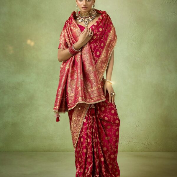 Red Banarasi Saree in Satin Katan with Heavy Zircon & Lace Border