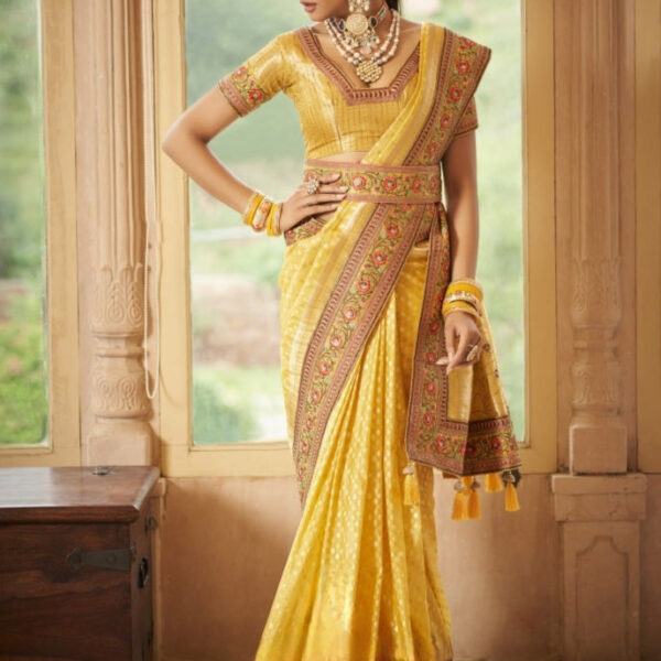 Yellow Organza Silk Saree with Heavy Embroidery & Waist Belt