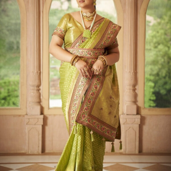 Leaf Green Organza Silk Saree with Embroidery & Waist Belt