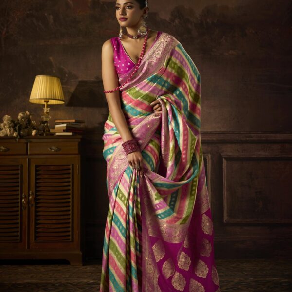 Pink Multicolor Khaddi Georgette Saree with Saroski Work