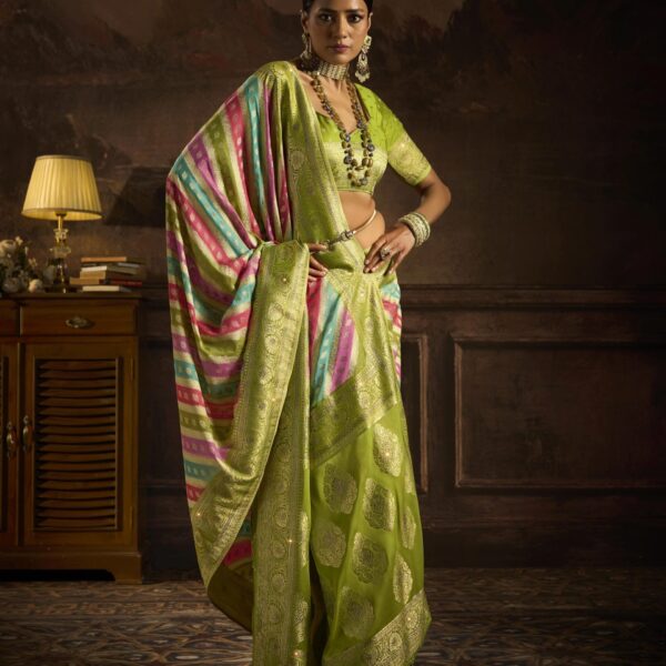 Lime Green Khaddi Georgette Saree with Hand-Brush Print
