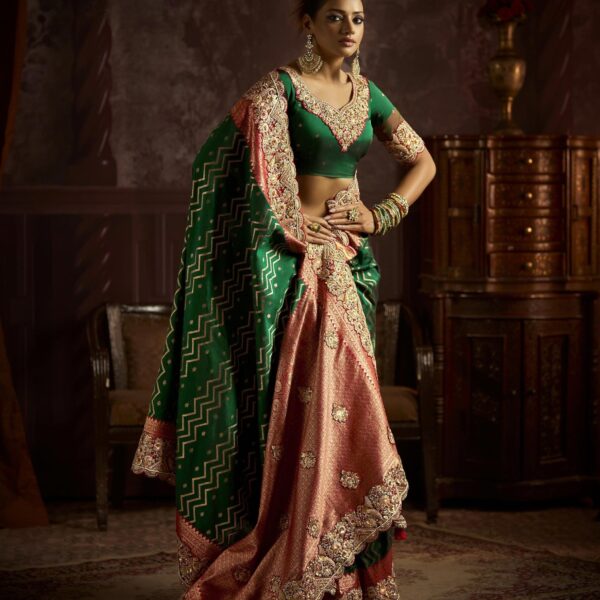 Emerald Green & Peach Bridal Saree in Bangalore Silk