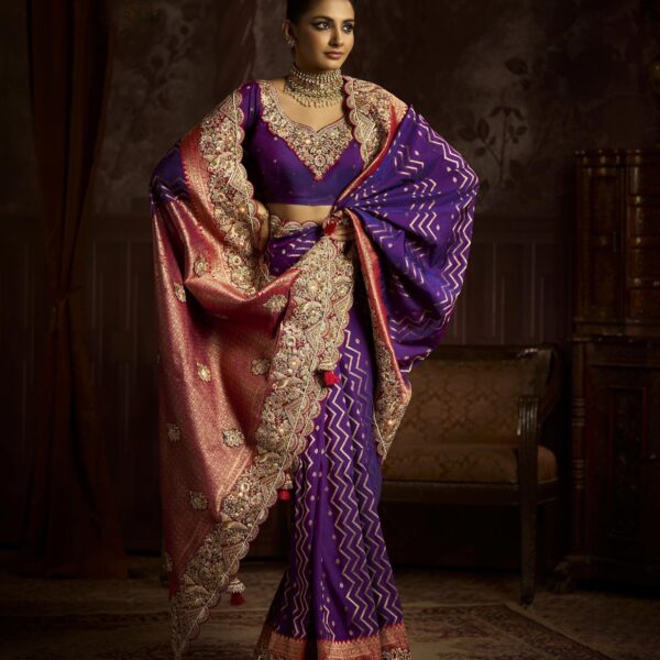 Royal Purple Bridal Saree in Bangalore Taana Silk with Embroidery