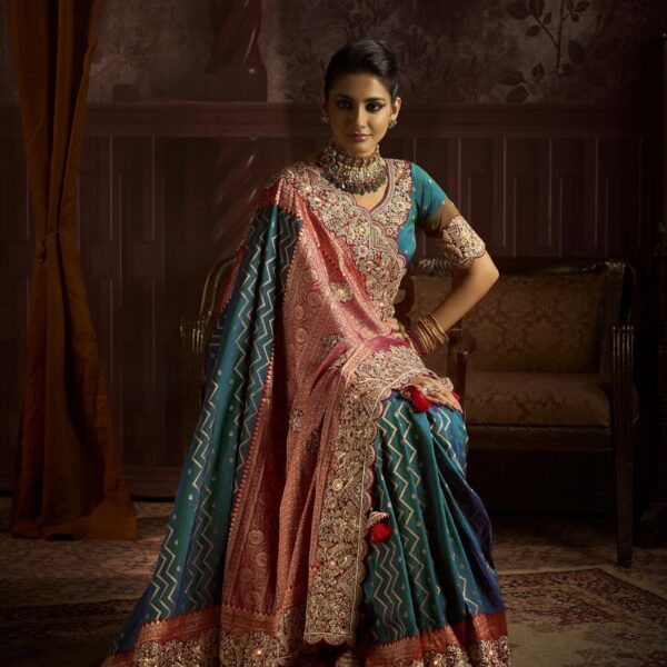 Teal & Peach Bridal Saree in Bangalore Silk with Full Embroidery