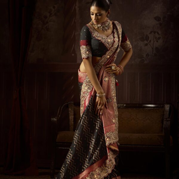 Maroon & Black Bridal Saree in Bangalore Silk with Heavy Embroidery
