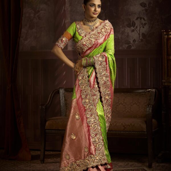 Lime Green & Peach Bridal Saree in Pure Bangalore Taana Silk