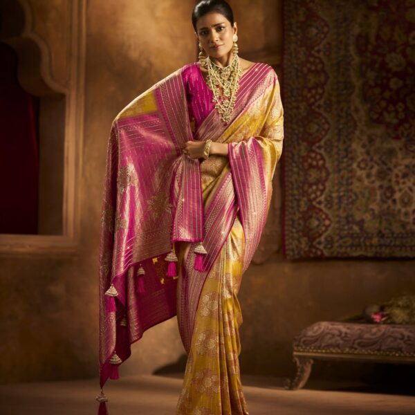 Mustard Yellow & Rani Pink Kanjivaram Silk Saree with Zari Weaving