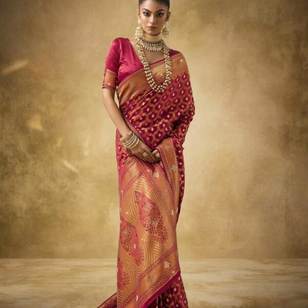 Crimson Red Satin Bridal Saree with Heavy Zarkan Work