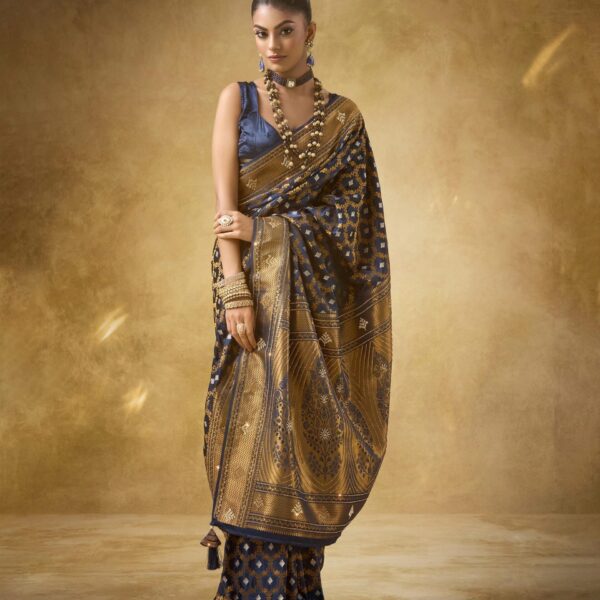 Midnight Blue Satin Bridal Saree with Heavy Zarkan Work