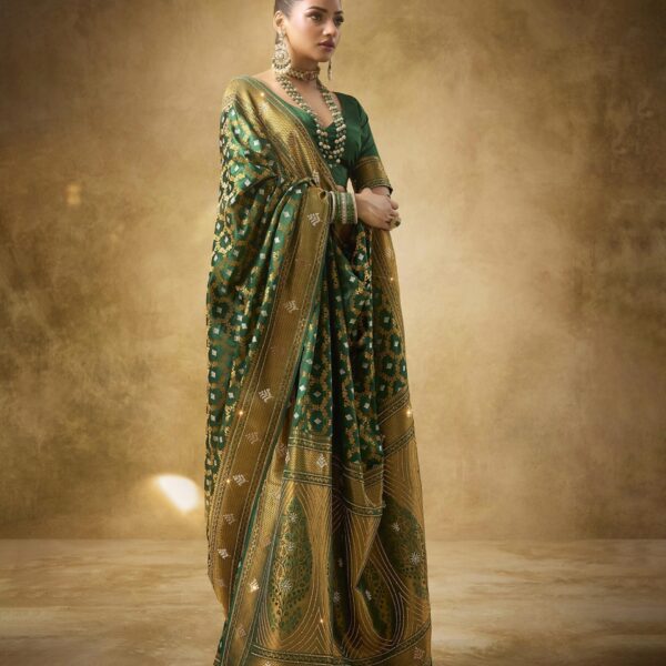 Emerald Green Satin Bridal Saree with Heavy Zarkan Work