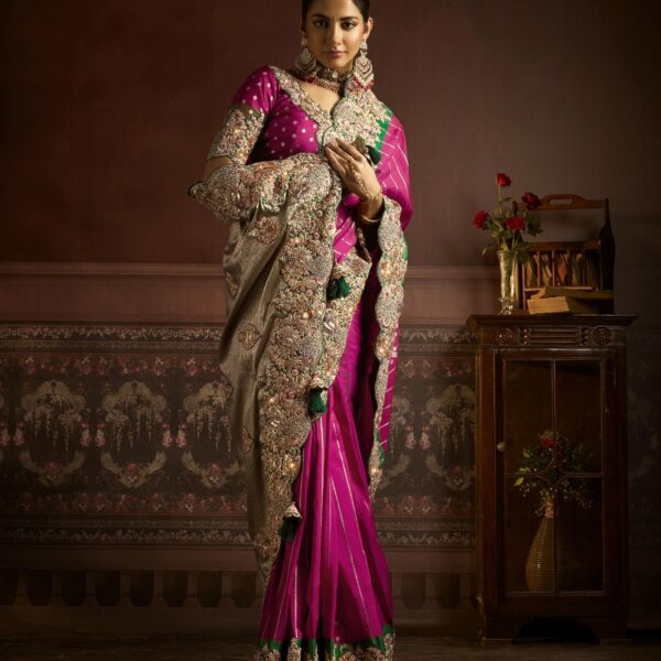 Fuchsia Pink Bridal Saree with Beige Embroidery
