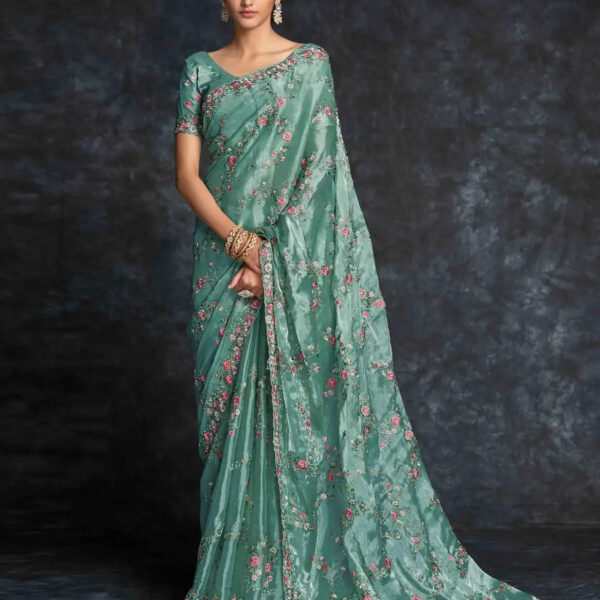 Mint Green Floral Embroidered Georgette Saree
