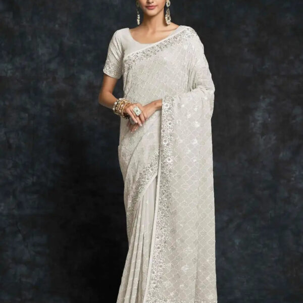 Ivory White Embroidered Georgette Saree with Blouse