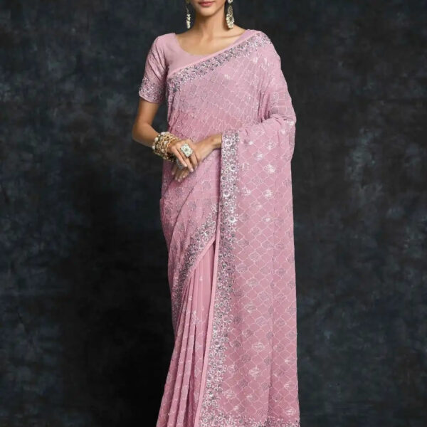 Baby Pink Embroidered Georgette Saree with Blouse
