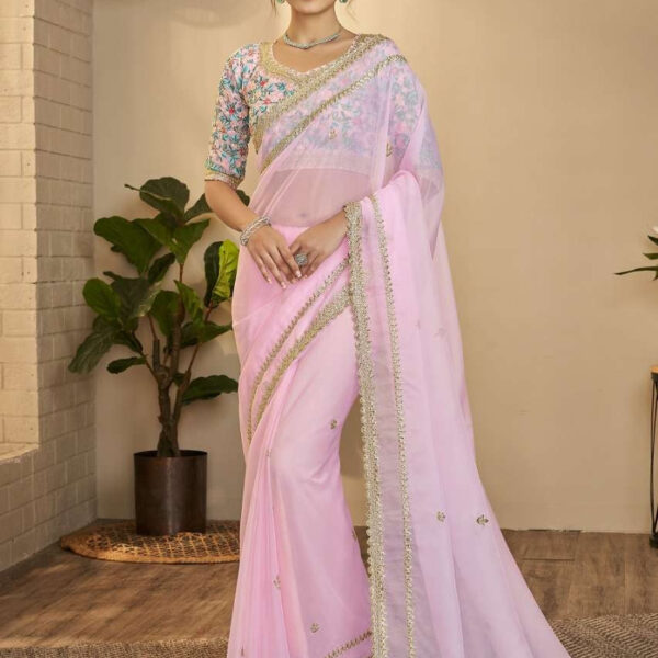 Light Baby Pink Georgette Saree with Golden Lace Border