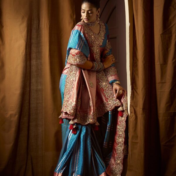 Sky Blue & Peach Bridal Silk Saree with Full Embroidery Work