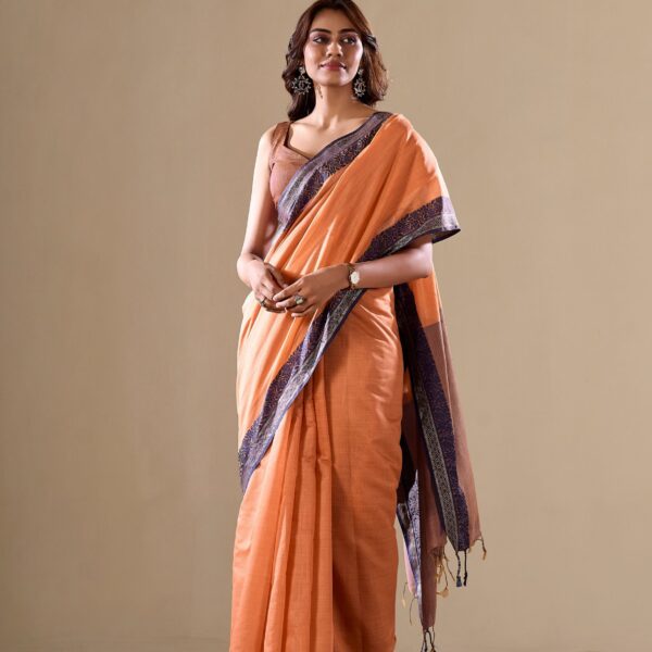 Classic Orange Handloom Silk Saree with Contrast Blue Border