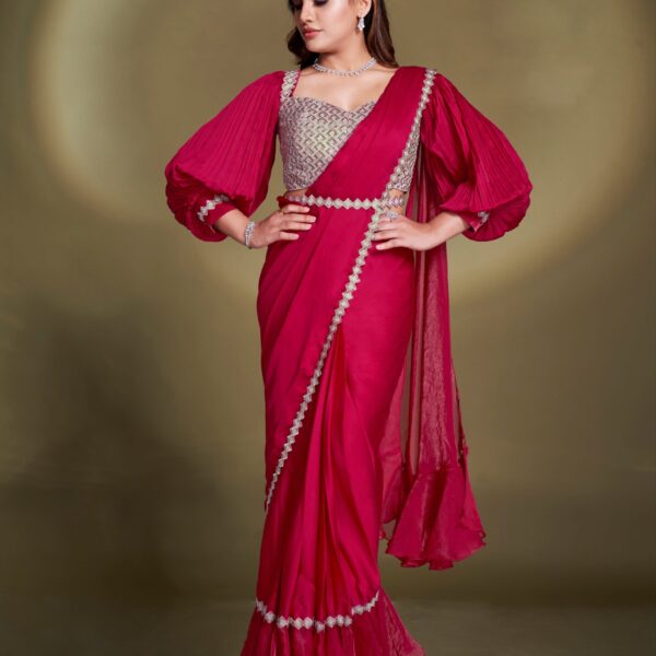Ruby Red Designer Ready to Wear Saree with Lace Detailing