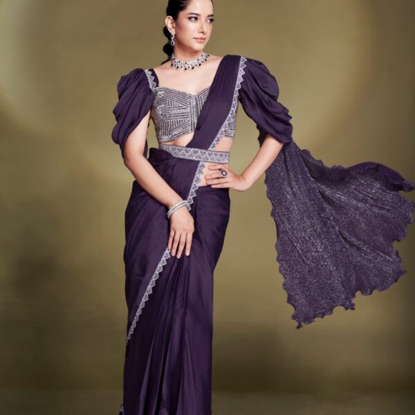 Purple Satin Silk Ready to Wear Saree with Poly Crepe Blouse