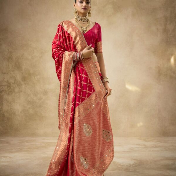 Red Pure Satin Bridal Saree with Zardozi Border, Zircon & Kaanch Work