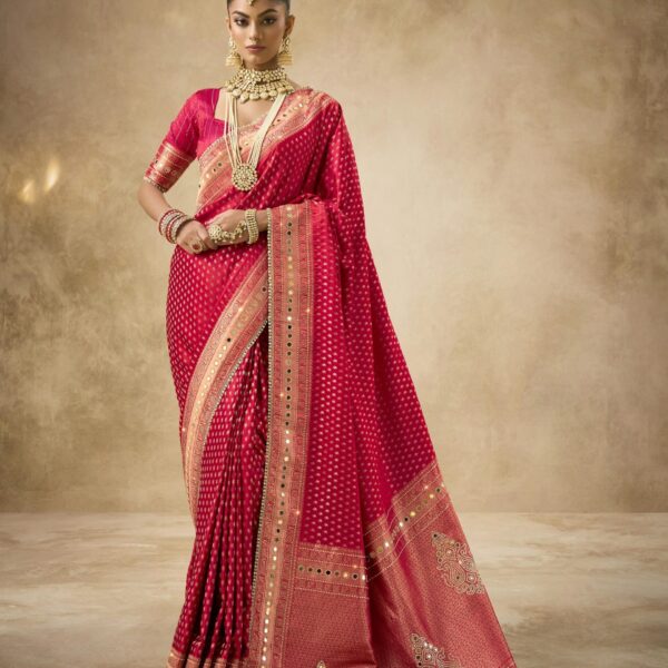 Red Satin Bridal Saree with Dotted Pattern, Zardozi & Zircon Work