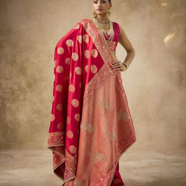 Red Satin Bridal Saree with Polka Design Pallu, Heavy Zardozi Work