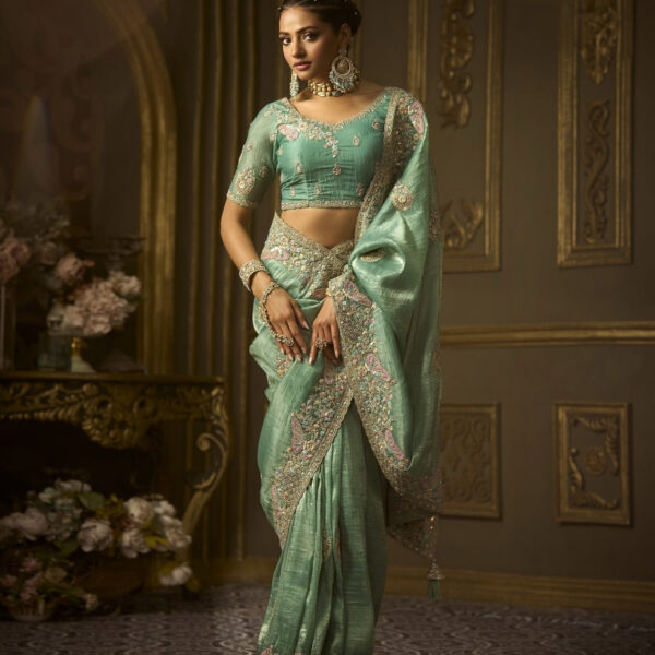 Mint Green Golden Silk Bridal Saree with Handcrafted Khaatli Work
