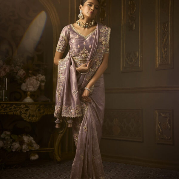 Lavender Golden Silk Bridal Saree with Zari & Handwork Khaatli Work