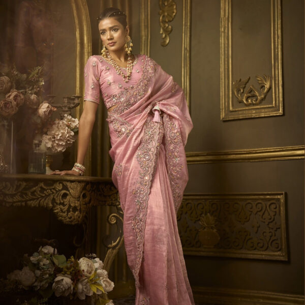 Blush Pink Golden Silk Bridal Saree with Heavy Handwork