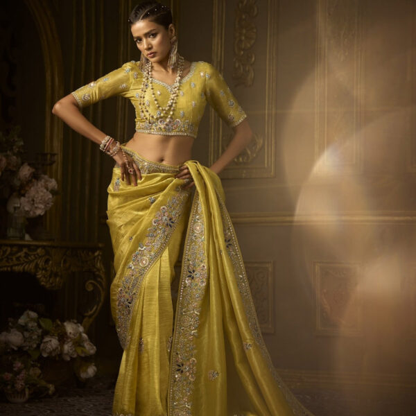 Mustard Yellow Golden Silk Bridal Saree with Khaatli Embroidery