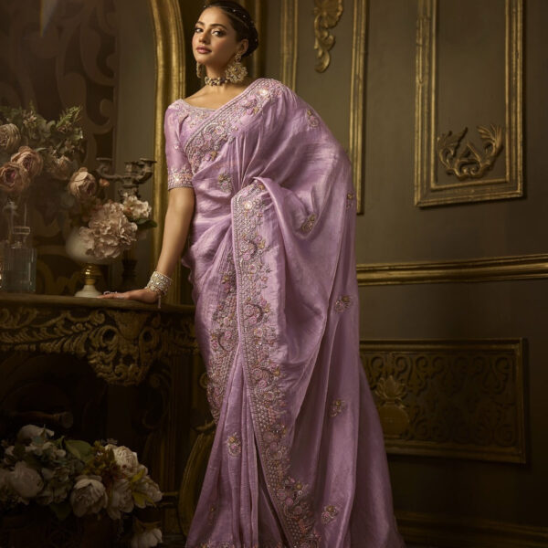 Lilac Golden Silk Bridal Saree with Hand Embroidery & Khaatli Work