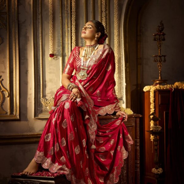 Red Satin Silk Bridal Saree with Moti, Kaanch & Saroski Work