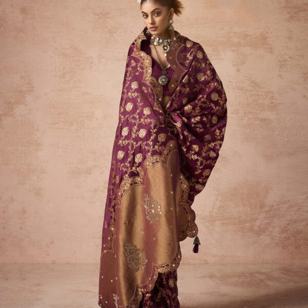 Maroon Satin Bridal Saree with Heavy Zarkan and Kaanch Embroidery