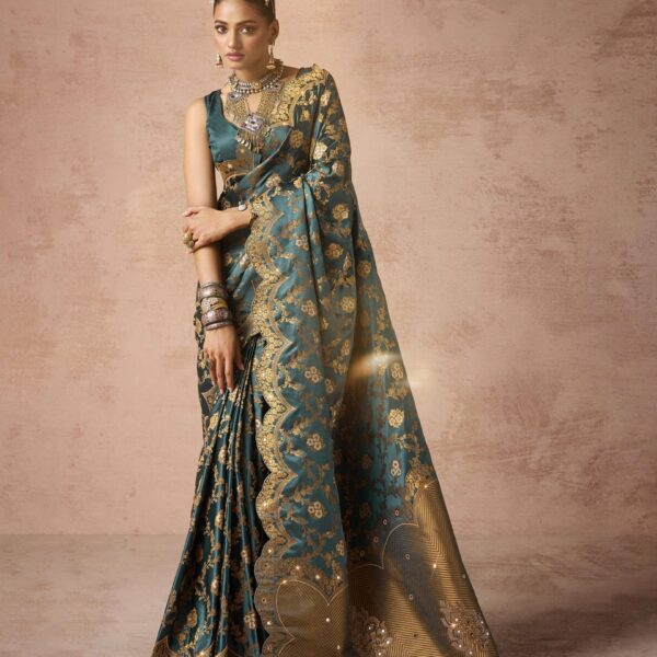 Teal Blue Satin Bridal Saree with Heavy Zarkan & Kaanch Work
