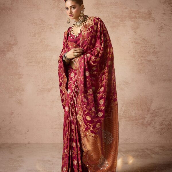 Red Satin Bridal Saree with Full Zarkan and Kaanch Embroidery