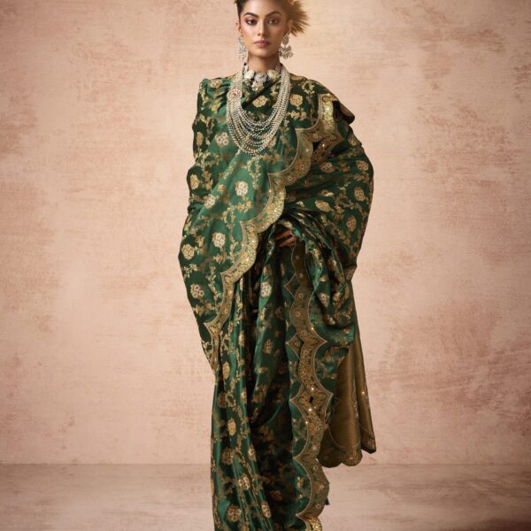 Bottle Green Satin Bridal Saree with Heavy Zarkan & Kaanch Work