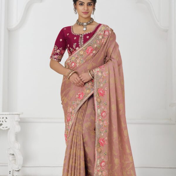 Peach Dola Silk Saree with Thread & Sequin Embroidery